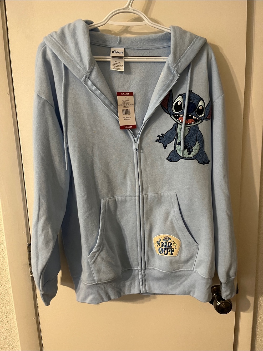 NWT Womens XL Light Blue Zip Hoodie with Stitch Graphic